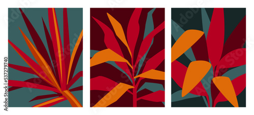 abstract foliage decorative houseplants new retro prints set, vector illustration
