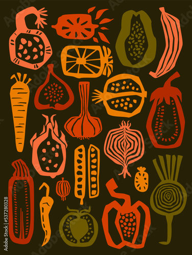 abstract cut out style fruits and vegetables organic kitchen print, vector illustration
