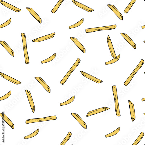 Seamless fries with potatoes. Fast food background. Vector illustration. Isolated on a white background. Savoyard style. French fries seamless pattern. Print, menu, textile, background