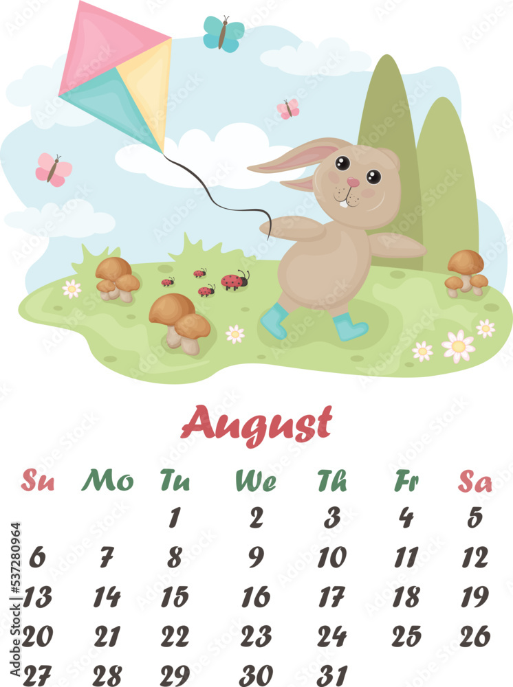 Calendar August. Rabbit with a kite. Cute summer illustration with a cartoon rabbit running with a kite, in a field with mushrooms and berries. Vector illustration Calendar August. Rabbit with a kite. Cute summer illustration with a cartoon rabbit running with a kite, in a field with mushrooms and berries. Vector illustration