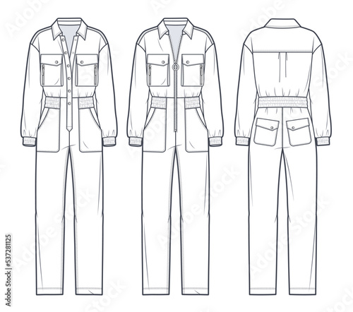 Utility Jumpsuit technical fashion Illustration. Dungaree fashion technical drawing template, oversized, pockets, zip up, buttons, long sleeve, front, back view, white, women, men, unisex CAD mockup.