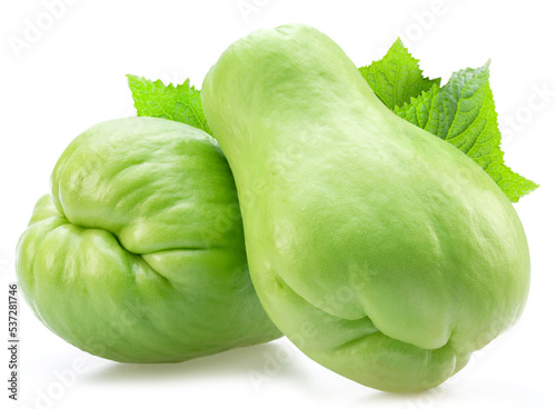 Chayote fruits with leaves isolated on white background.