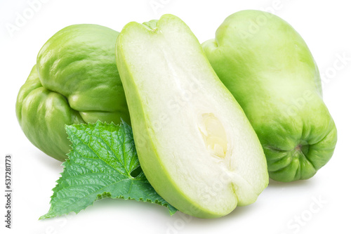 Chayote fruits and half of chayote fruit isolated on white background. photo