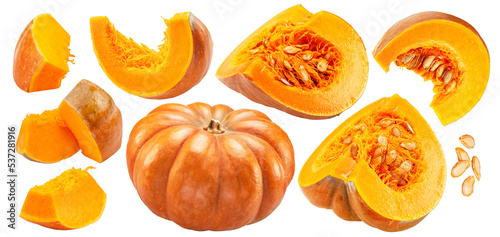 Orange round pumpkins and pumpkin slices on white background. File contains clipping paths.