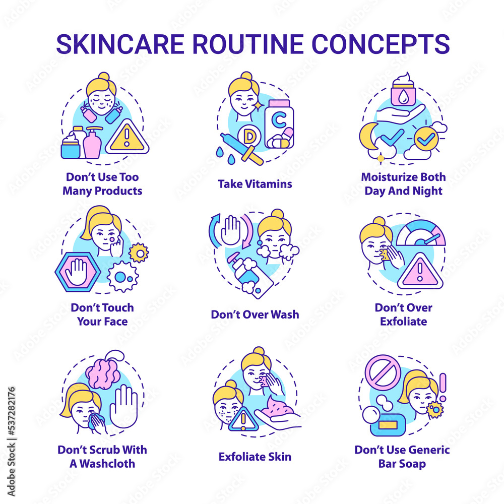 Skincare routine concept icons set. Cosmetological procedures for face. Beauty lifestyle idea thin line color illustrations. Isolated outline drawings Skincare routine concept icons set. Cosmetological procedures for face. Beauty lifestyle idea thin line color illustrations. Isolated outline drawings