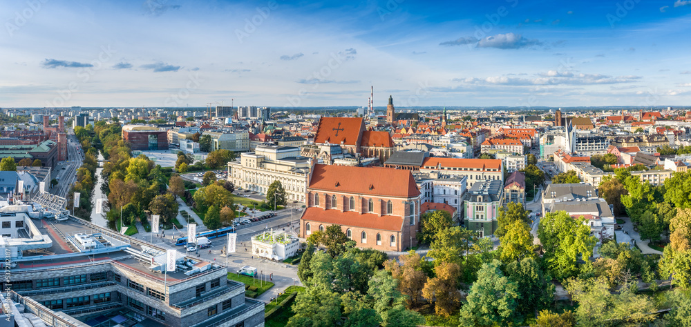 Wroclaw city centre aerial drone panoramic shot.