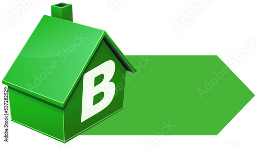 Isometric 3D green house with energy efficiency class B inscribed on it with an arrow (cut out)