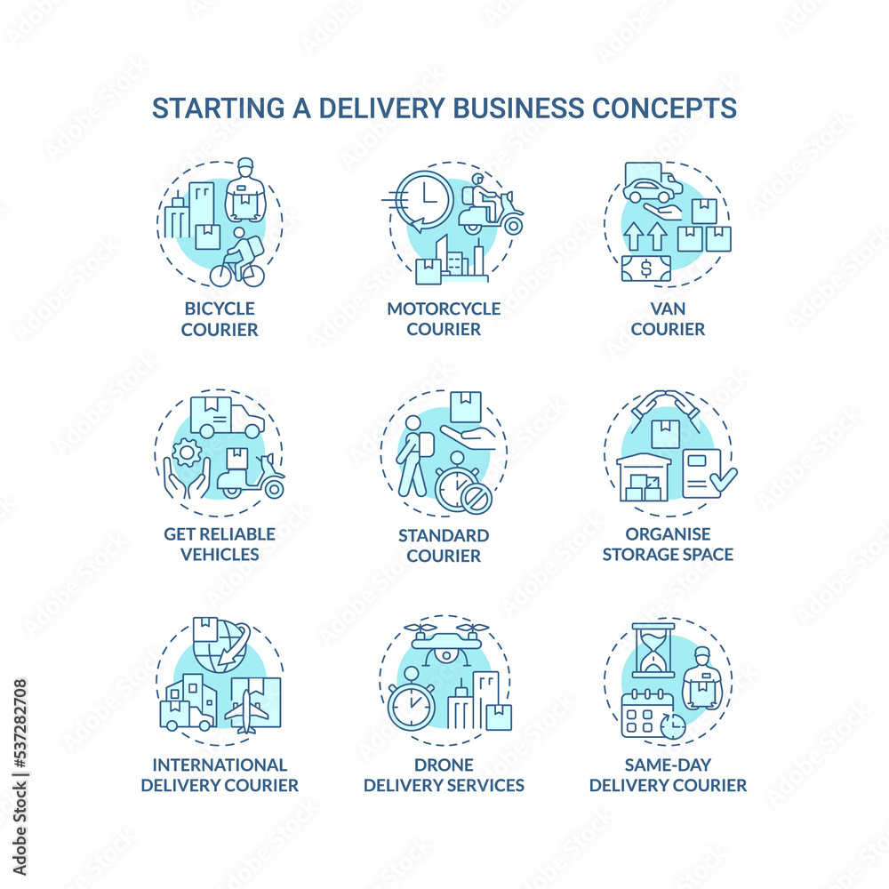 Starting delivery business turquoise concept icons set. Shipping service idea thin line color illustrations. Isolated outline drawings