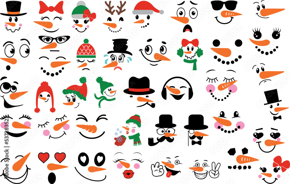 Vector Collection of Cute Snowman Faces. Christmas and New Year Design
