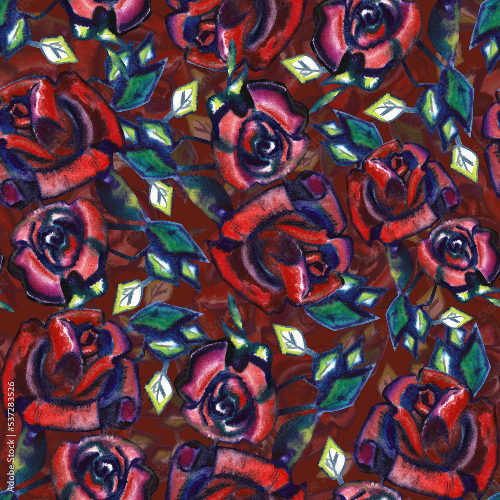 Seamless pattern with red  flowers rose with leaf.