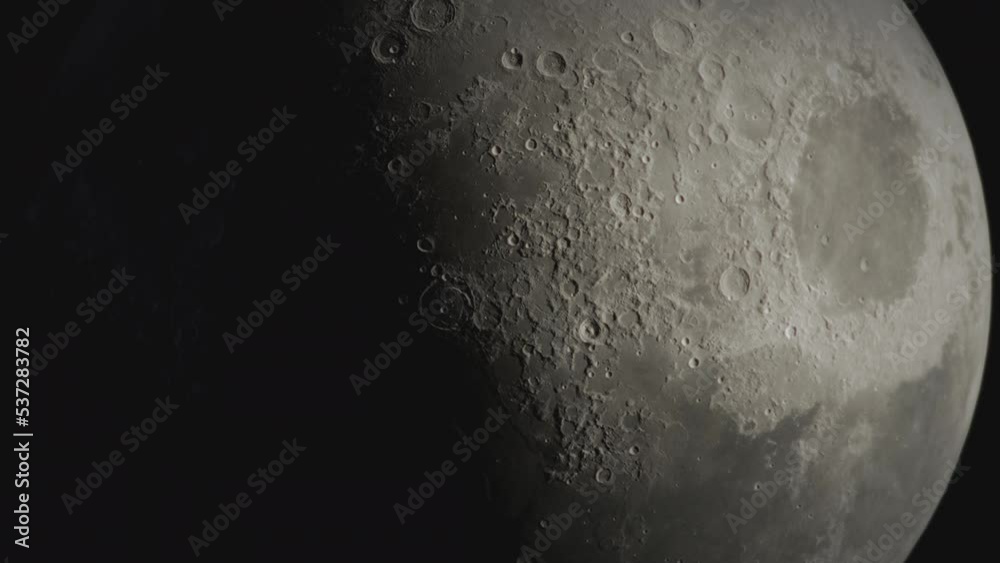 Flight over the surface of the moon. Detailed 3D moon animation. Sci-fi cinematic footage. Clip 1 of 3. 