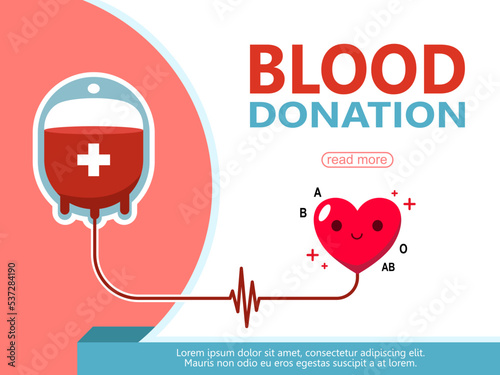 blood bag donated with heart, blood donor for poster, banner, card, and background. Vector illustration flat design for blood donation day.	