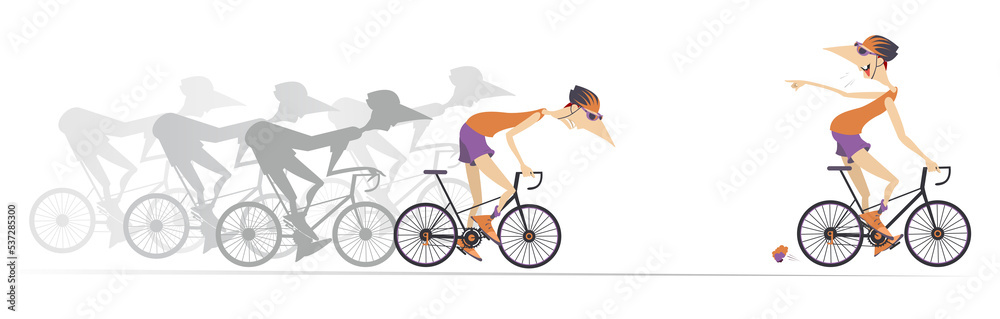 Cycling race. Cyclists in competition. Winner.
Smiling cyclist looking back laughing and pointing a finger to other cyclists. Isolated on white background
