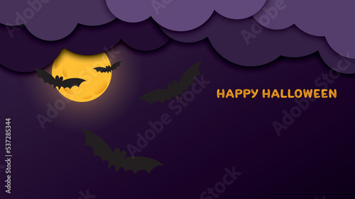 Happy Halloween party have blank space with night clouds, full moon and bats in paper cut style. Halloween background with bats and moon.