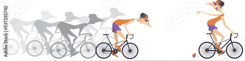 Cycling race. Cyclists in competition. Winner.
Smiling cyclist looking back laughing and pointing a finger to other cyclists. Isolated on white background
