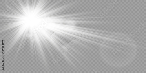 White glowing light explodes on a transparent background. Transparent shining sun, bright flash with ray