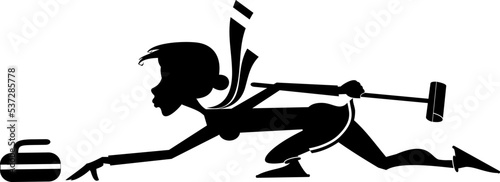Young woman playing curling.
Winter sport. Woman with curling brush pushes a stone towards a target. Black on white background
