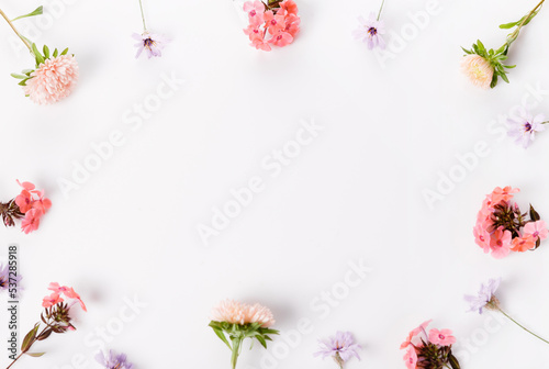 Autumn creative composition pink coral flowers on gray background. Fall, autumn background. Flat lay, top view