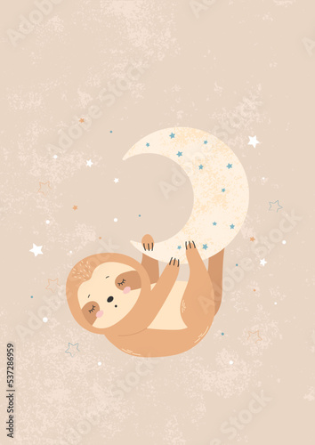 Cute sloth hanging on the moon. Baby illustration for posters, fabric prints, baby cards. Vector.