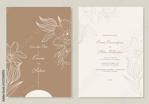 Minimalist wedding invitation with outline flowers, in beige. Rsvp card design template. Vector.