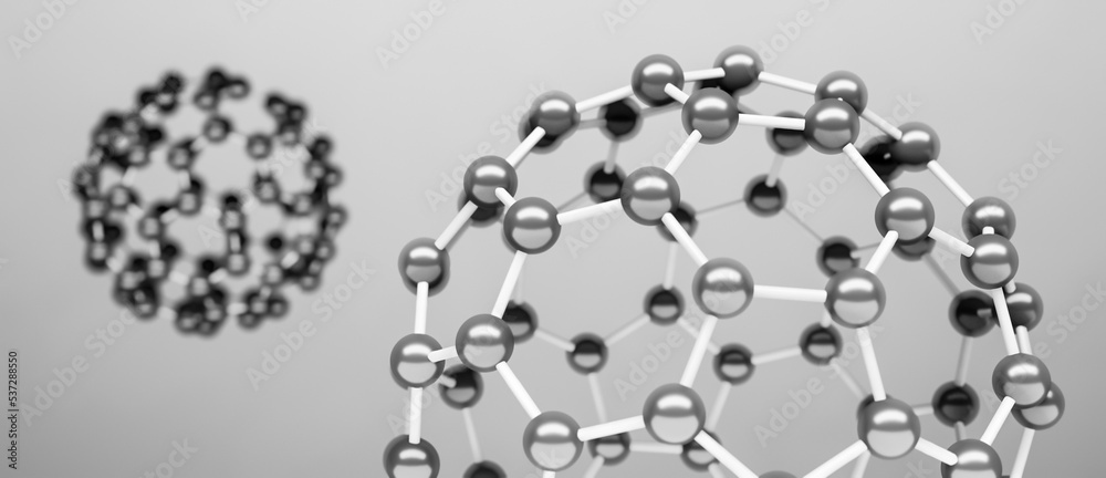 Model of Fullerene Molecule, allotrope of carbon atoms, round sphere with hexagonal rings or mesh, molecular 3D illustration, chemistry or scientific research background
