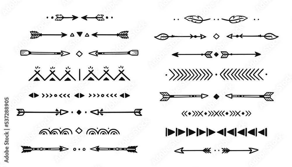 Mexican, boho arrow hand drawn element set. African, aztec rustic ethnic arrow, ornament divider. Tribal boho decor design. Vector illustration.