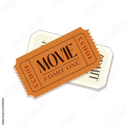 Cinema paper tickets set. Entry cards for movie premiere, film festival, theatre, show, concert, performance, or entertainments concept. Colored flat vector illustration isolated on white background