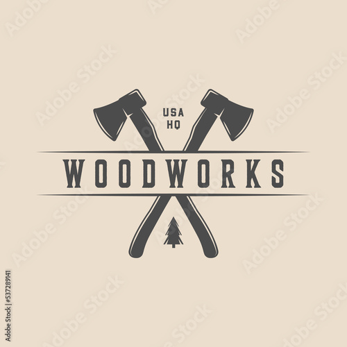 Vintage retro woodwork carpentry mechanic emblem, logo, badge, label. mark, poster or print. Monochrome Graphic Art. Vector Illustration.