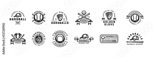 Set of vintage retro baseball game sport emblem, logo, badge, label. mark, poster or print. Monochrome Graphic Art. Vector Illustration. Engraving style.