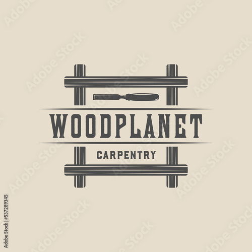 Vintage retro woodwork carpentry mechanic emblem, logo, badge, label. mark, poster or print. Monochrome Graphic Art. Vector Illustration.
