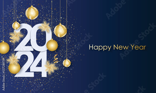 Happy New Year 2024 Elegant gold text with balloons and confetti. Realistic vector illustration