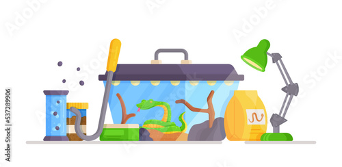 Terrarium concept with snake and care products. Vector illustration of pet snake. Dangerous pet in a cage. 