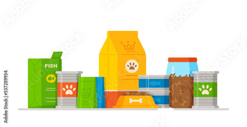 A variety of pet food for different animals. Vector illustration of range pet food. Concept of food. 