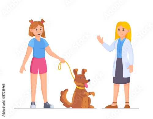 Veterinarian and owner with pets. Vector illustration vet visit. A vet employee communicates with the owner of a dog.   