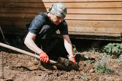 young mature man gardener and farmer 40+ years old with male hands in gloves plants daisy wildflowers on his suburban homestead in countryside village near house gardening and decorating land