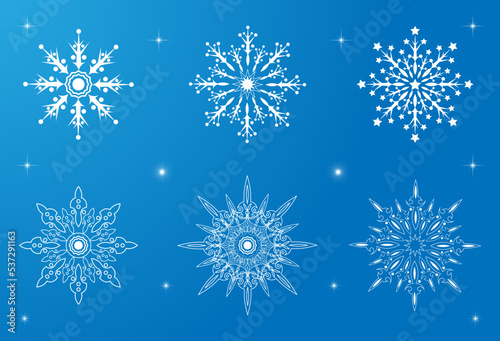 set of snowflakes shapes cool colour with starlight