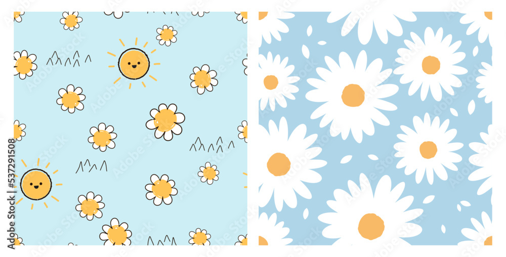 Seamless pattern with hand drawn daisy flower and sun cartoons on blue backgrounds vector. Cute childish print. Seamless pattern with hand drawn daisy flower and sun cartoons on blue backgrounds vector. Cute childish print.