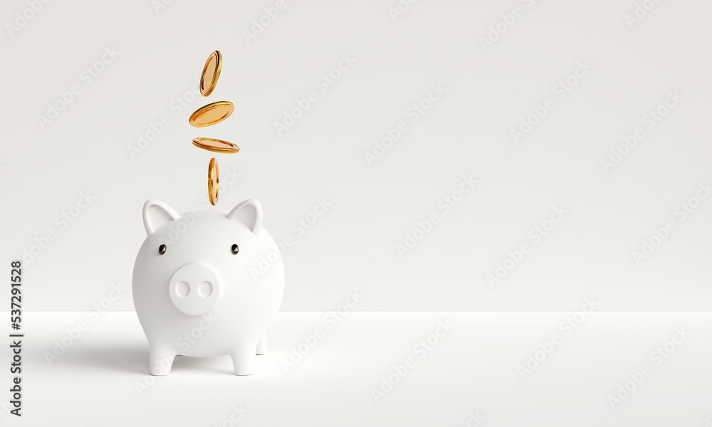 Gold coins falling and dropping to white piggy bank on white background. Concept of savings for investment, financial management, savings for future retirement. with copy space. 3D rendering  - obrazy, fototapety, plakaty 