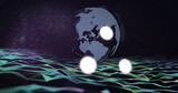 Illustration of white dots over globe and graphical sea against black background