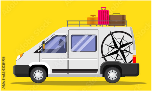 Illustration by Vanlife. vector of a campervan, with suitcases on the roof. campervan