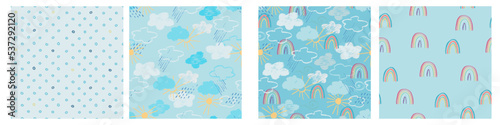 Seamless patterns set with with blue sky  clouds  rain showers and sun. Childs drawing style. Wallpaper  backgound for kids. Perfect for baby  toddler clothing  bed linen