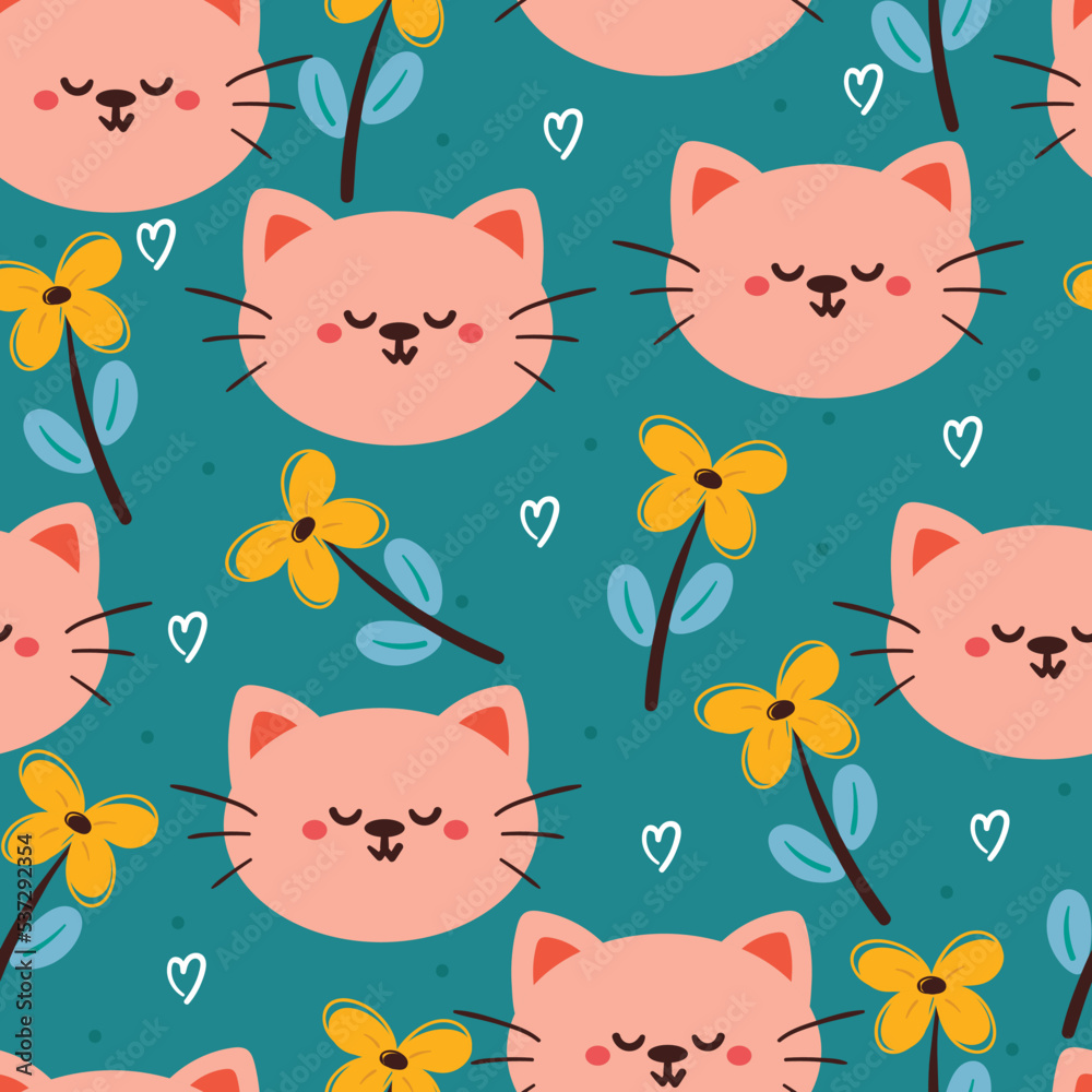 seamless pattern hand drawing cartoon cat and flowers. cute animal wallpaper for textile, gift wrap paper