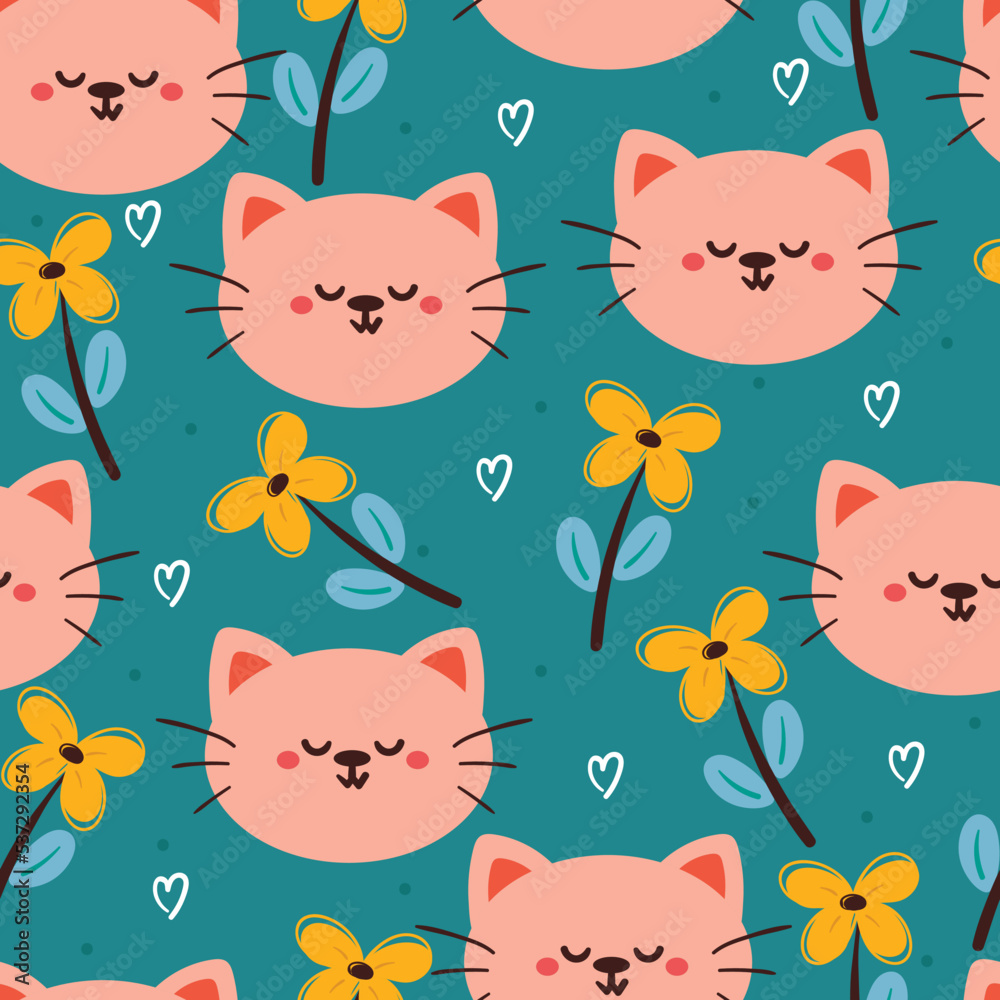 seamless pattern hand drawing cartoon cat and flowers. cute animal wallpaper for textile, gift wrap paper seamless pattern hand drawing cartoon cat and flowers. cute animal wallpaper for textile, gift wrap paper