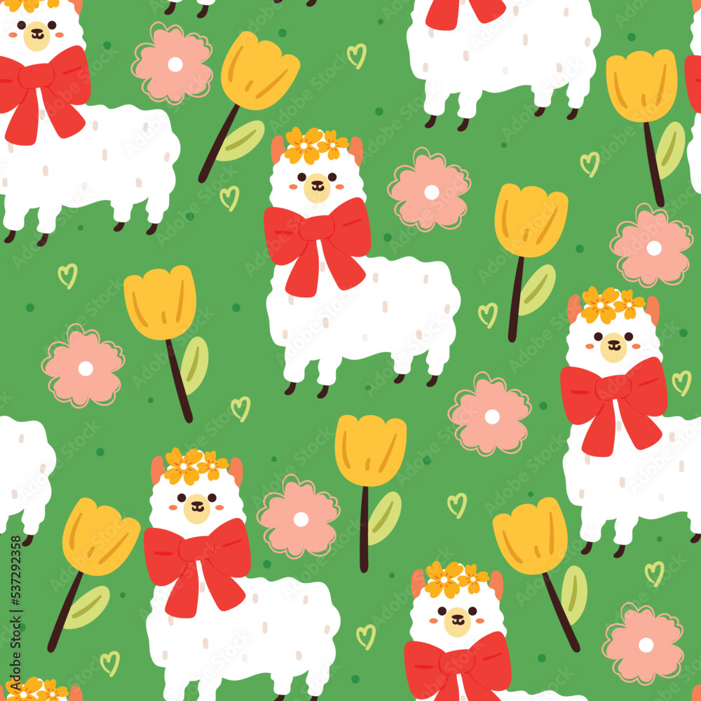 Fototapeta premium seamless pattern cartoon llama and flowers. cute animal wallpaper for textile, gift wrap paper