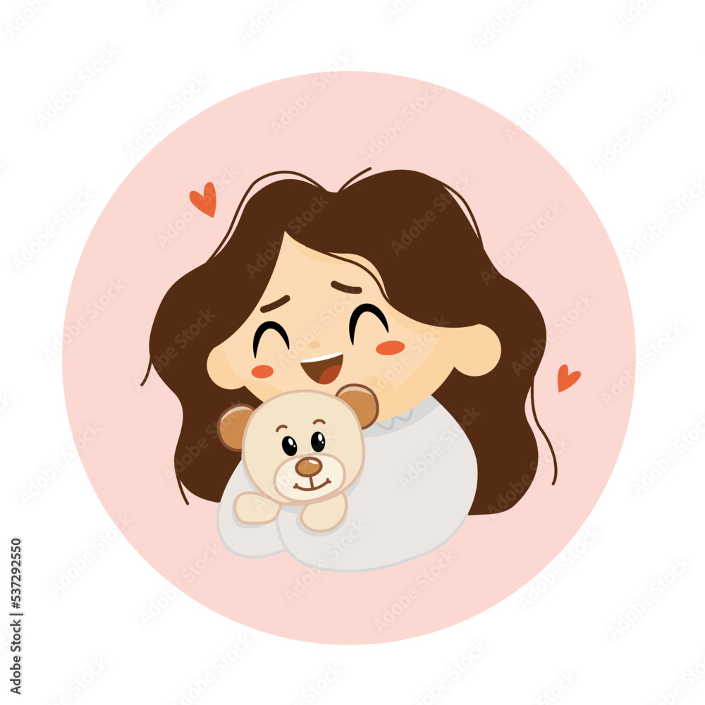 The girl hugs a teddy bear, children's toys. Favorite toy. Female cartoon character. colorful vector illustration The girl hugs a teddy bear, children's toys. Favorite toy. Female cartoon character. colorful vector illustration