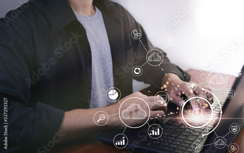 Digital transformation change management, internet of things. new technology bigdata and business process strategy, customer service management, cloud computing, smart industry. Ai technology.