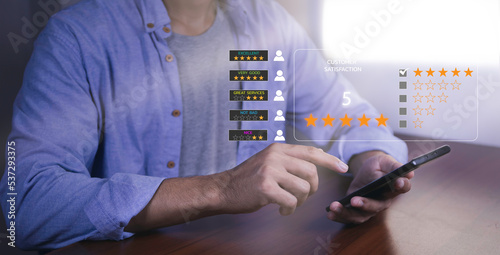 Customer review satisfaction feedback survey concept, User give rating to service experience on online application, Customer can evaluate quality of service leading to reputation ranking of business.