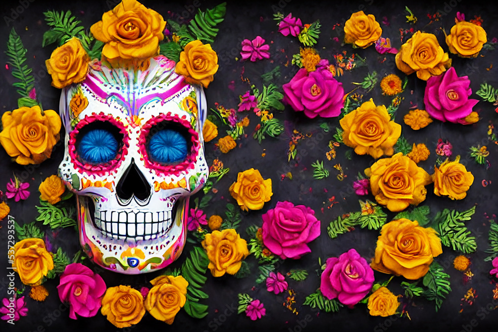 Day of the dead, sugar skull with calaveras makeup, aztec marigold flowers