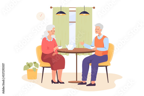Happy old people drinking tea together at cafe. Senior couple on date, elder person drinking coffee with husband flat vector illustration. Family, old age concept for banner or landing web page