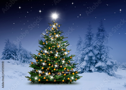 Glänzender Weihnachtsbaum vor einem Blauen Hintergrund im Schnee